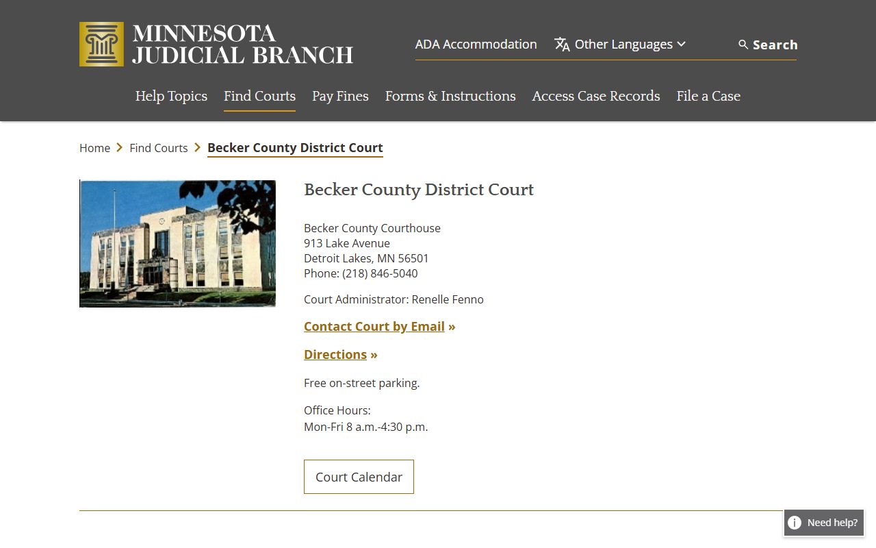 Becker County Probate Court Records - District Court information page