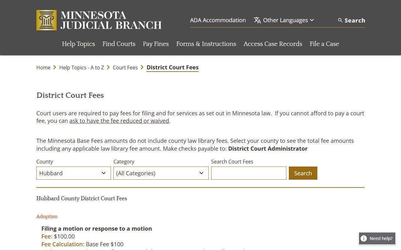 Hubbard County Probate Court Records - fee schedule