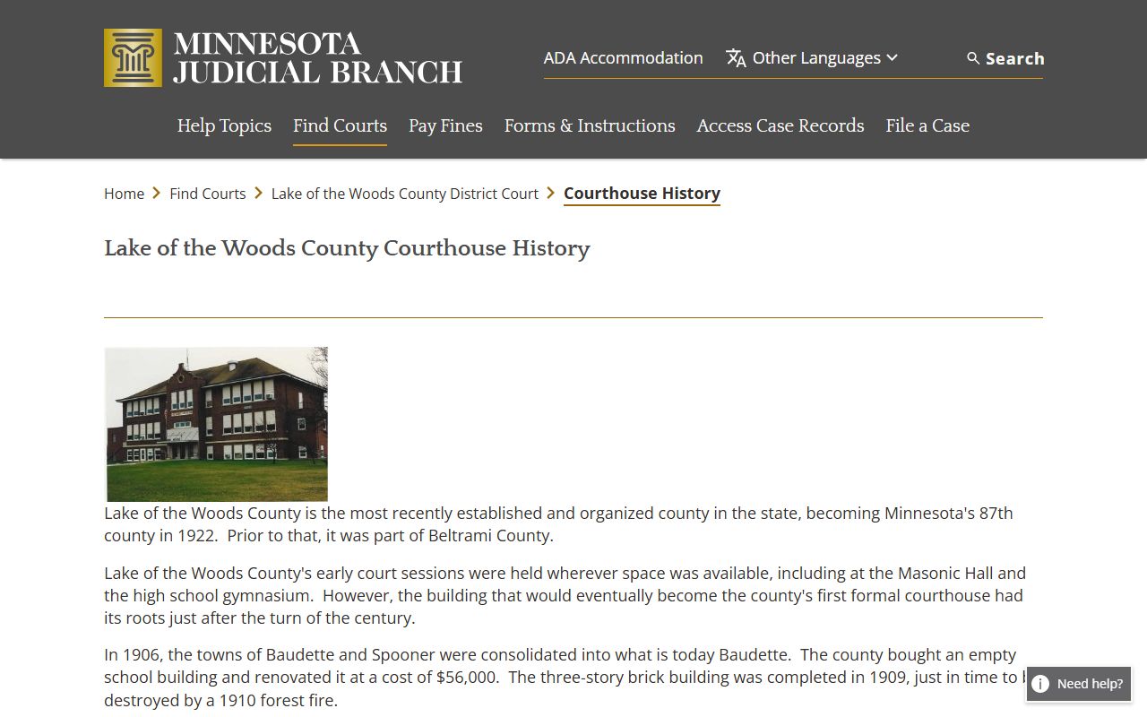 Lake of the Woods County District Court probate records page