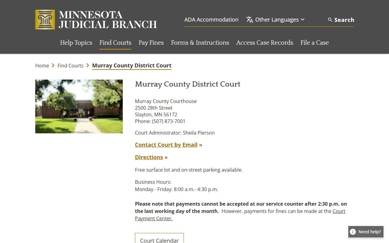 Murray County District Court page showing probate court records contact information