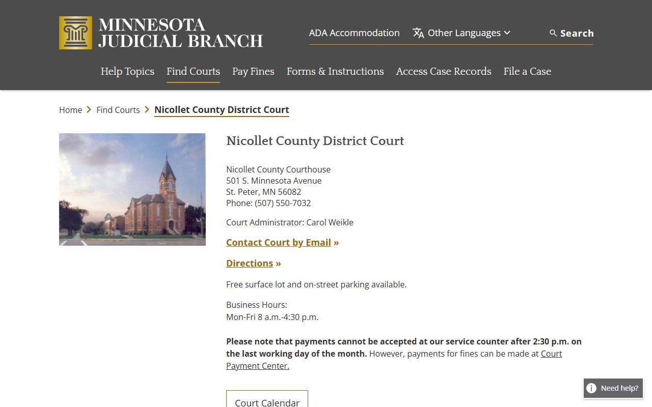 Nicollet County District Court page showing probate court records information