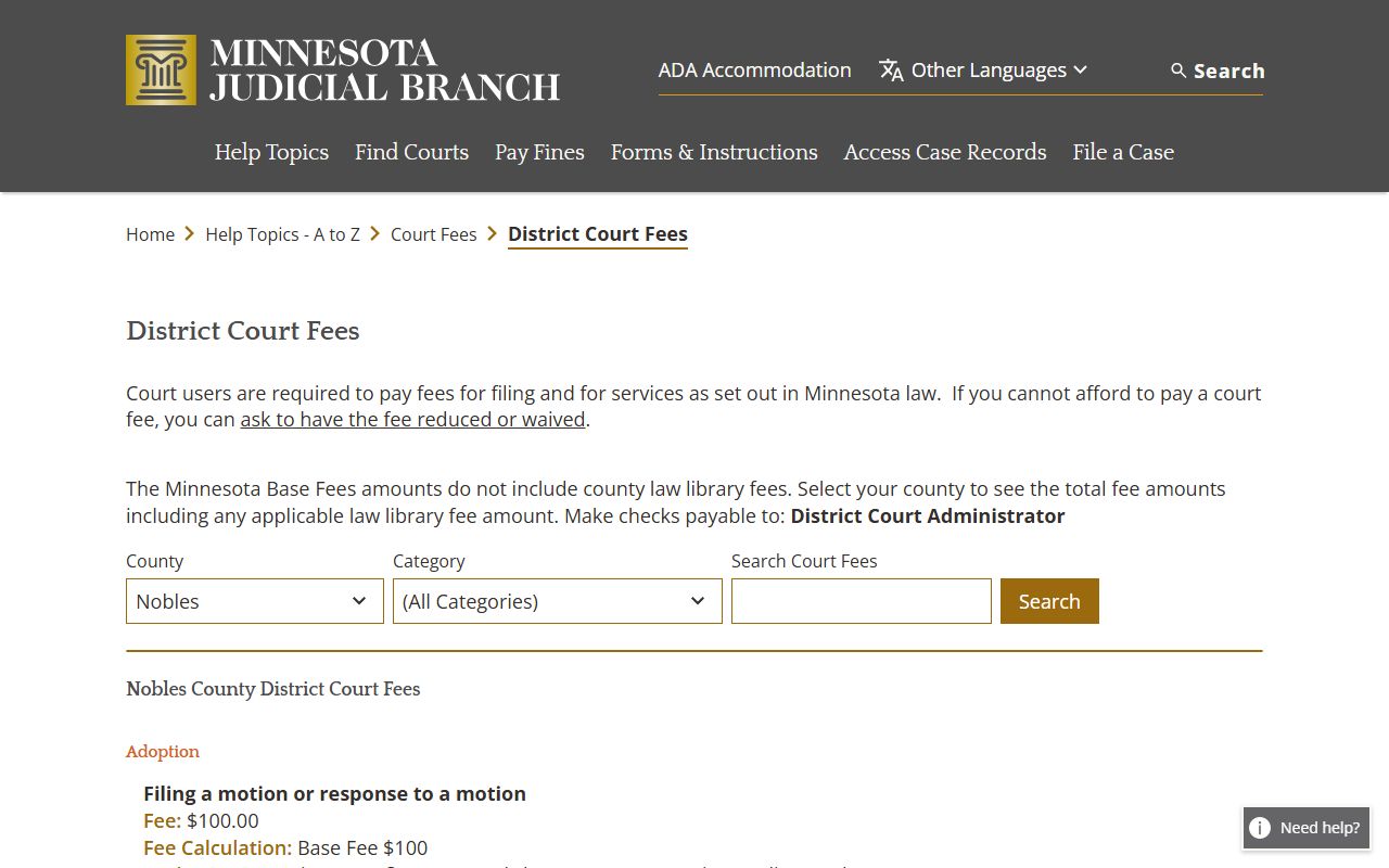 Nobles County probate court records fee schedule
