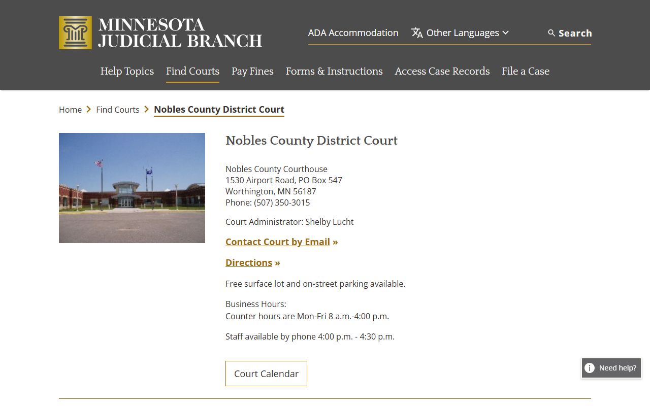 Nobles County District Court page showing probate court records contact details