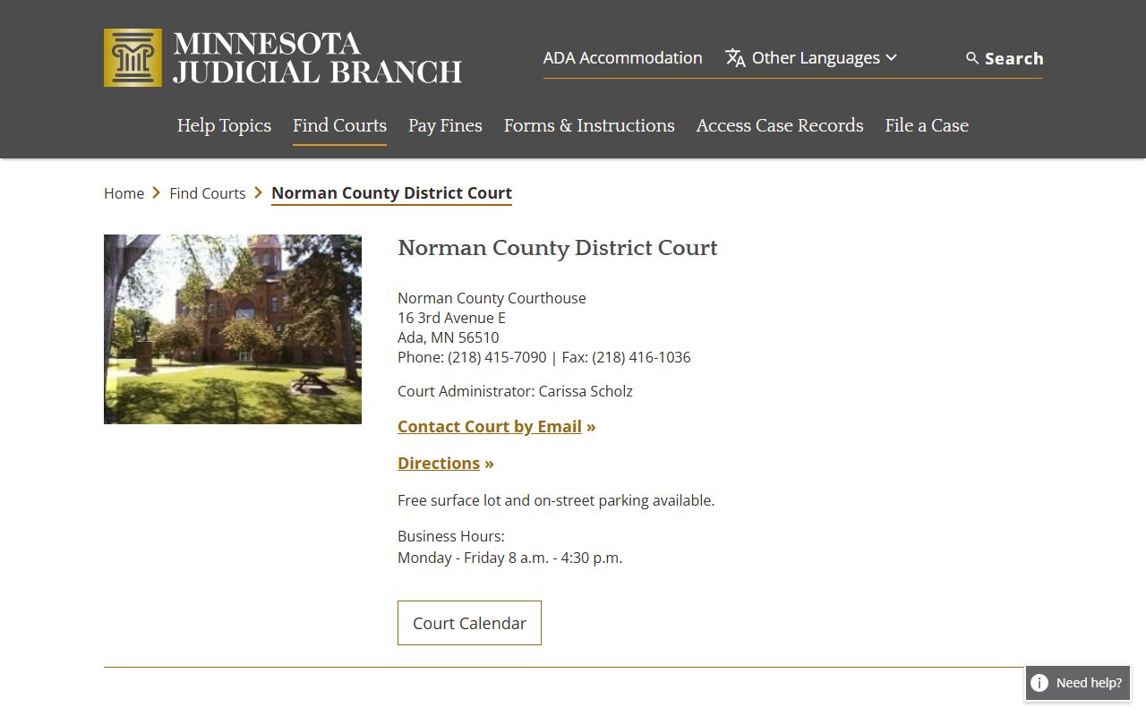 Norman County District Court page showing probate court records contact information