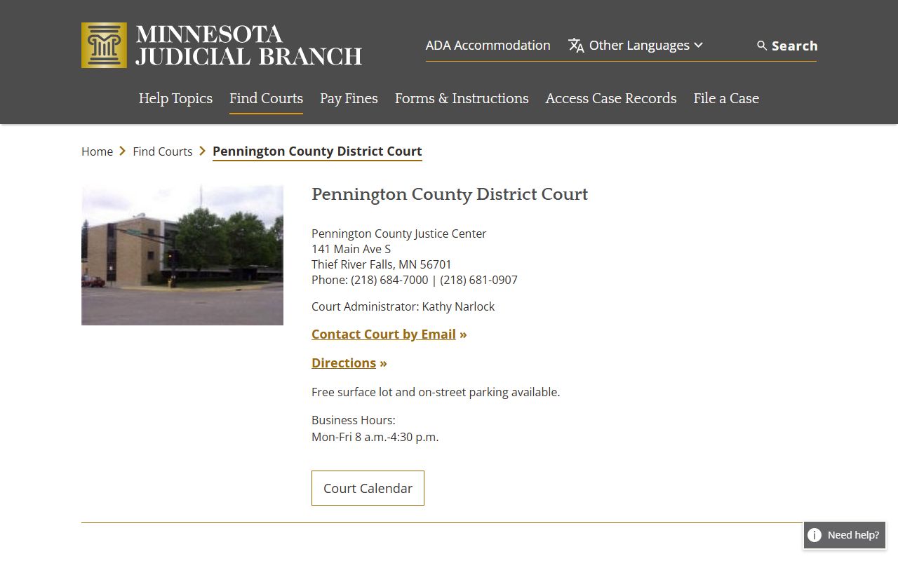 Pennington County District Court page showing probate court records information
