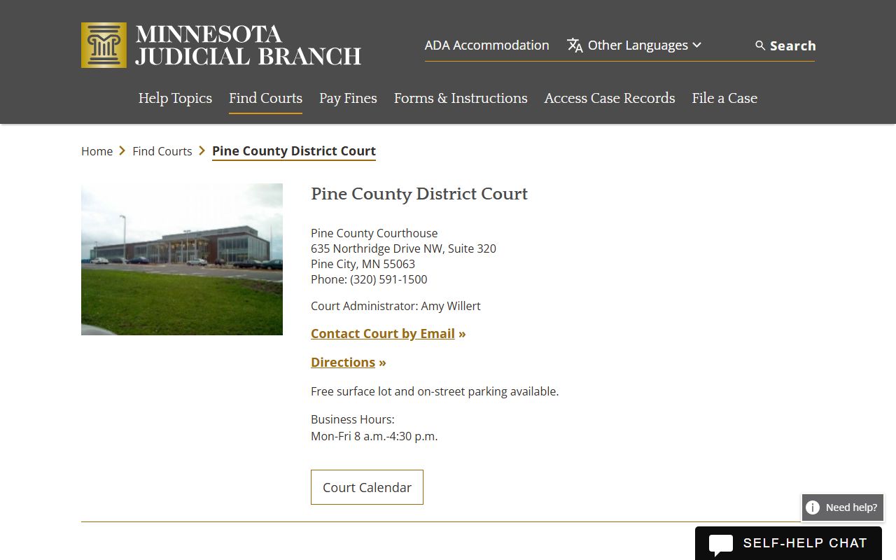 Pine County District Court page showing probate court records contact information
