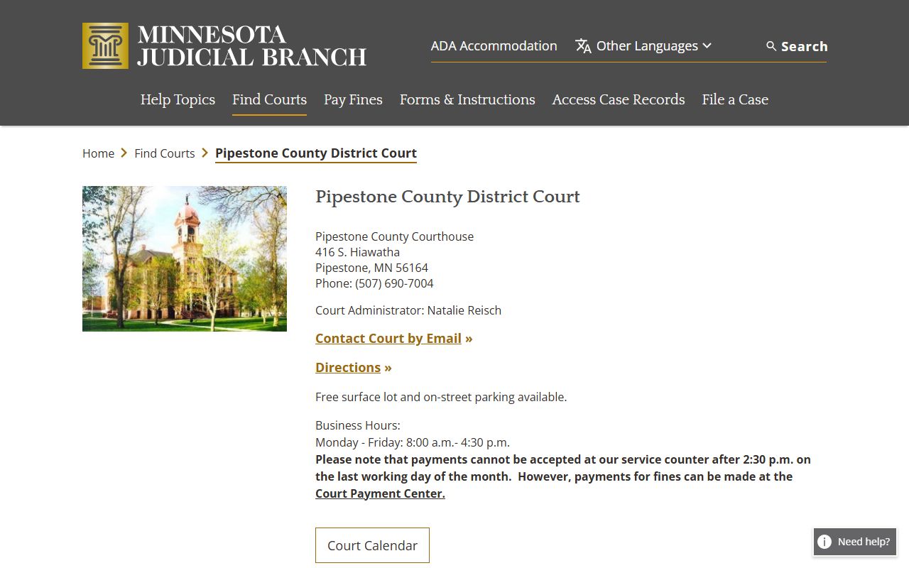 Pipestone County District Court page showing probate court records contact information