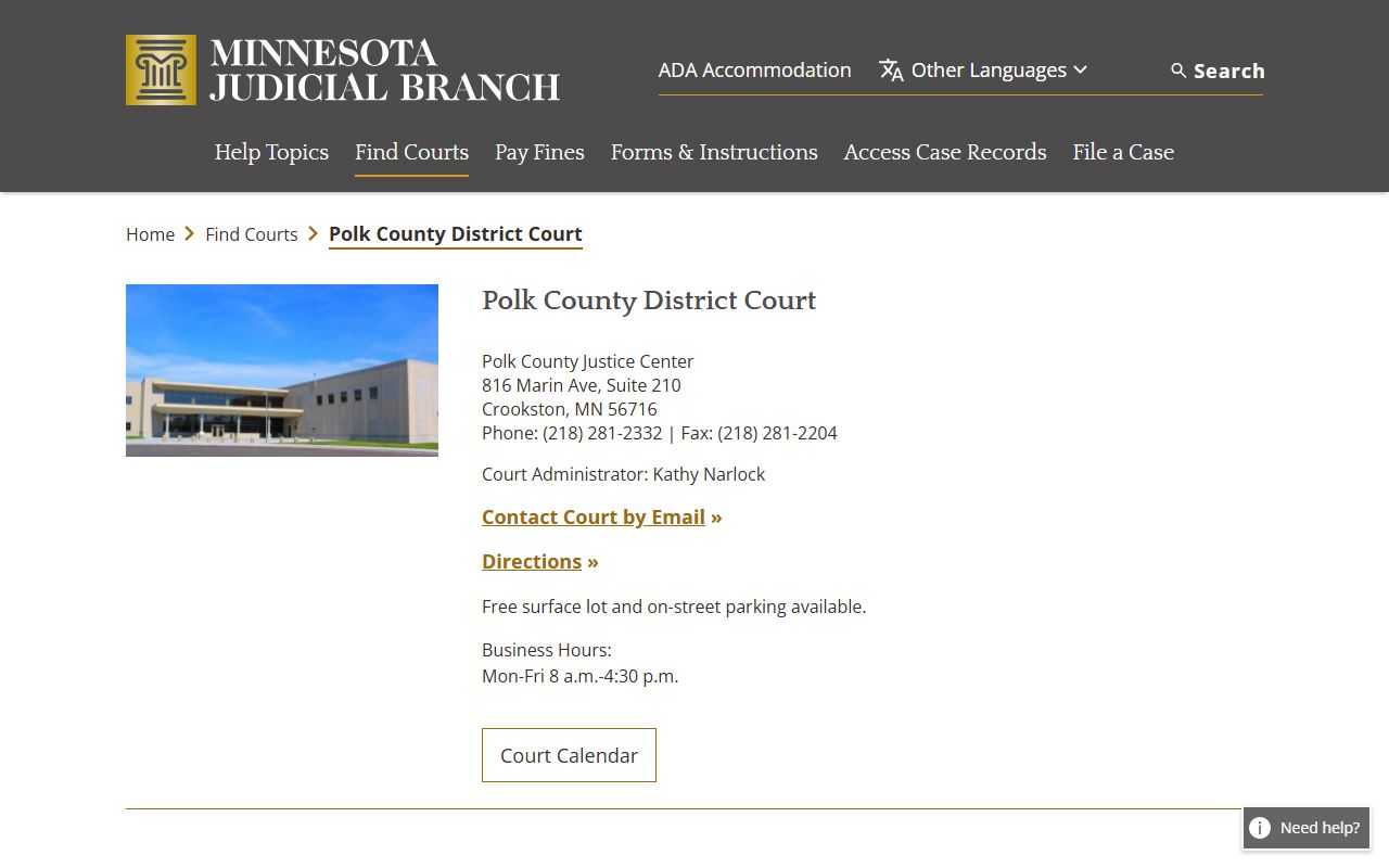 Polk County District Court page showing probate court records contact information