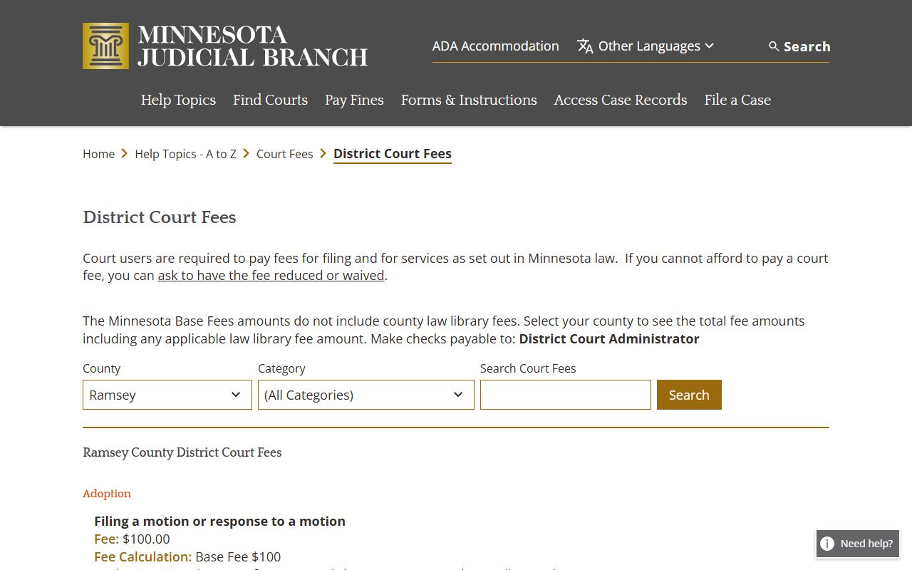 Ramsey County Probate Court Records - court fee schedule