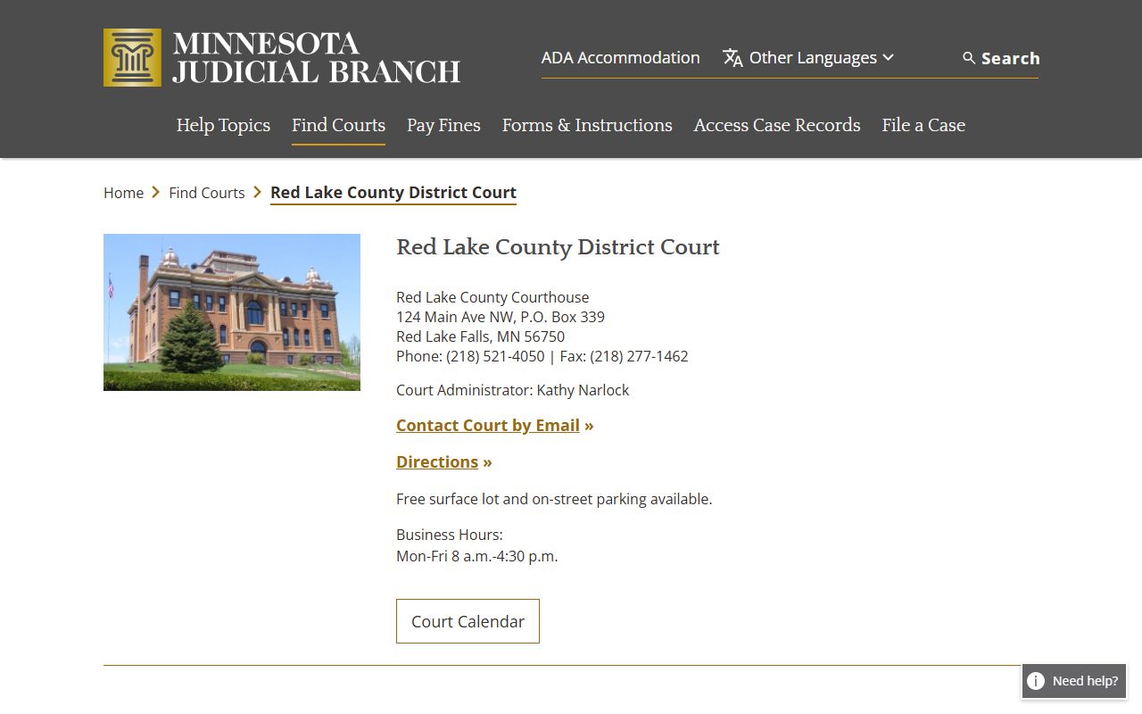 Red Lake County Probate Court Records - district court information page