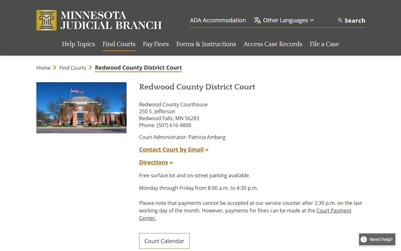 Redwood County Probate Court Records - district court information page