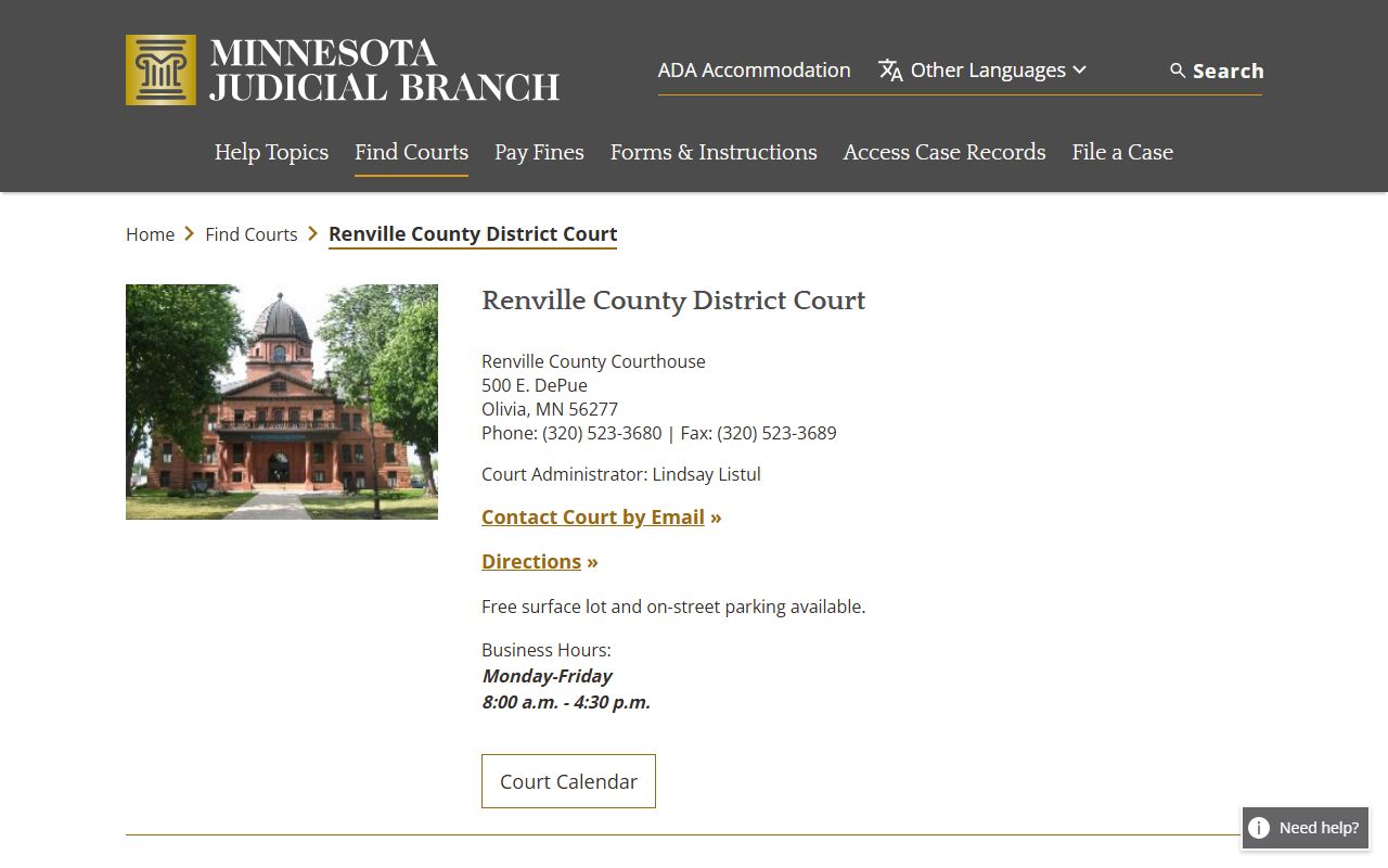 Renville County Probate Court Records - district court information page