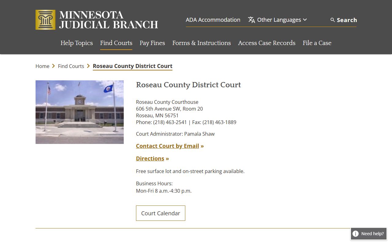 Roseau County Probate Court Records - district court information page