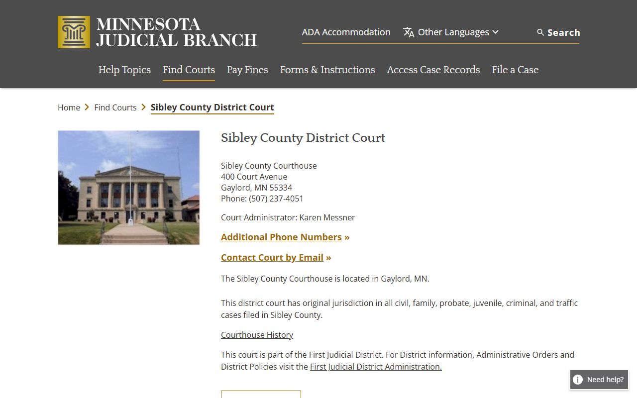 Sibley County District Court probate court records page on Minnesota Judicial Branch website