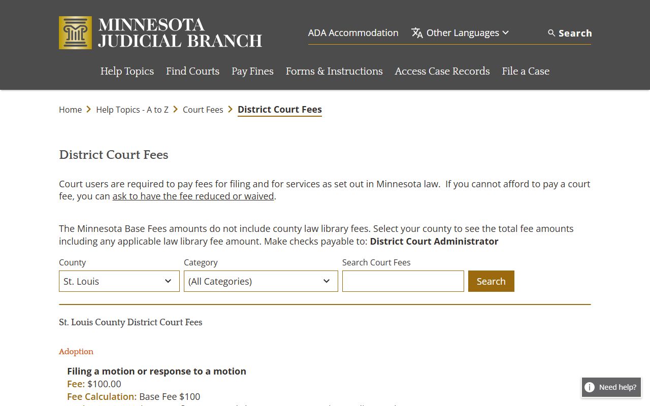St. Louis County probate court records fee schedule from Minnesota Judicial Branch