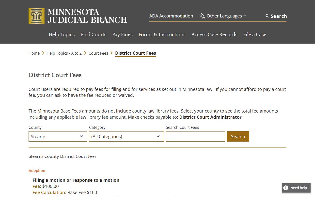Stearns County probate court records fee schedule on Minnesota Judicial Branch
