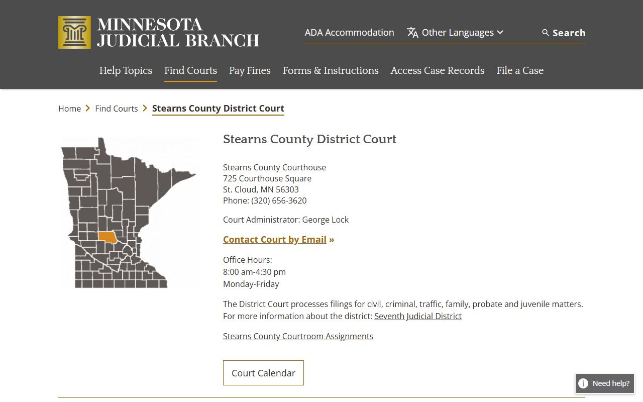 Stearns County District Court page showing probate court records information