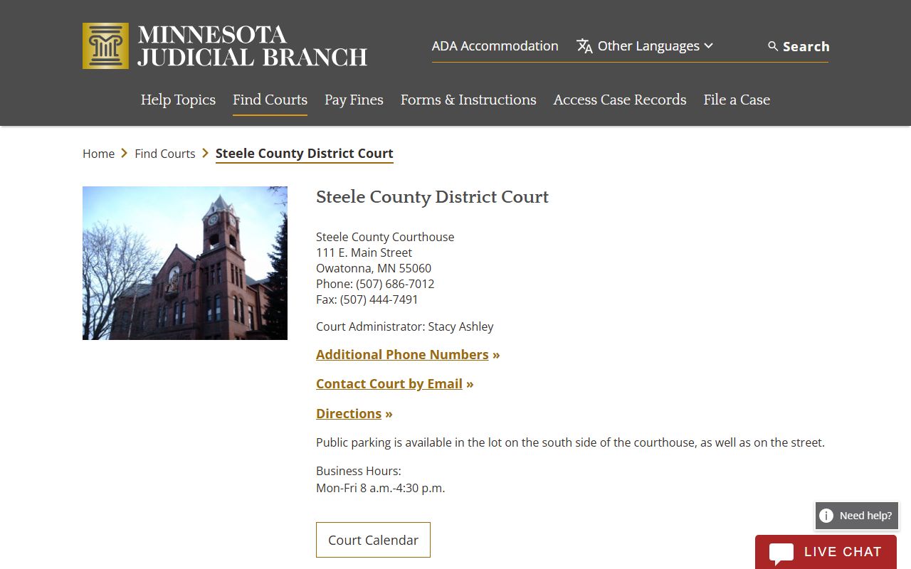 Steele County District Court page on Minnesota Judicial Branch for probate court records