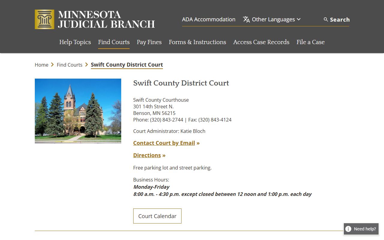 Swift County District Court page showing probate court records contact information