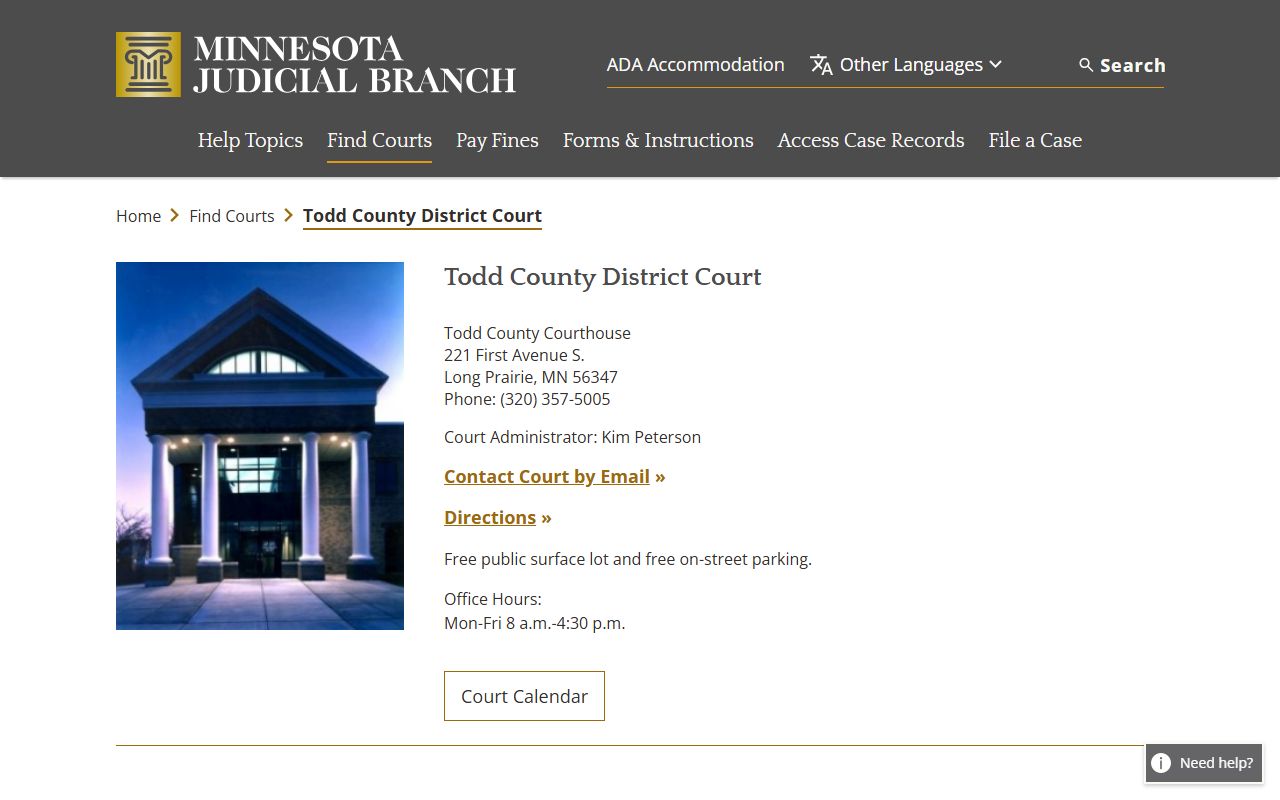 Todd County District Court page on Minnesota Judicial Branch for probate court records