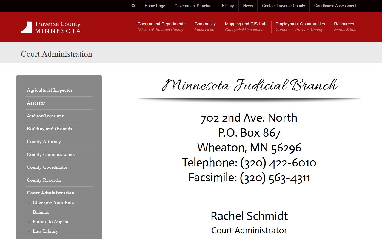 Traverse County Court Administration page for probate court records in Wheaton MN