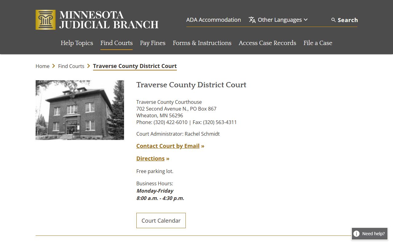 Traverse County District Court page showing probate court records contact information