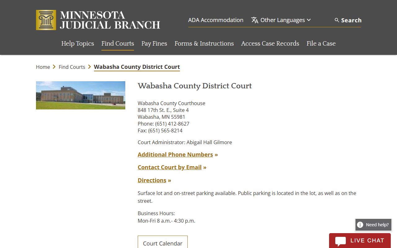 Wabasha County District Court page for probate court records on Minnesota Judicial Branch