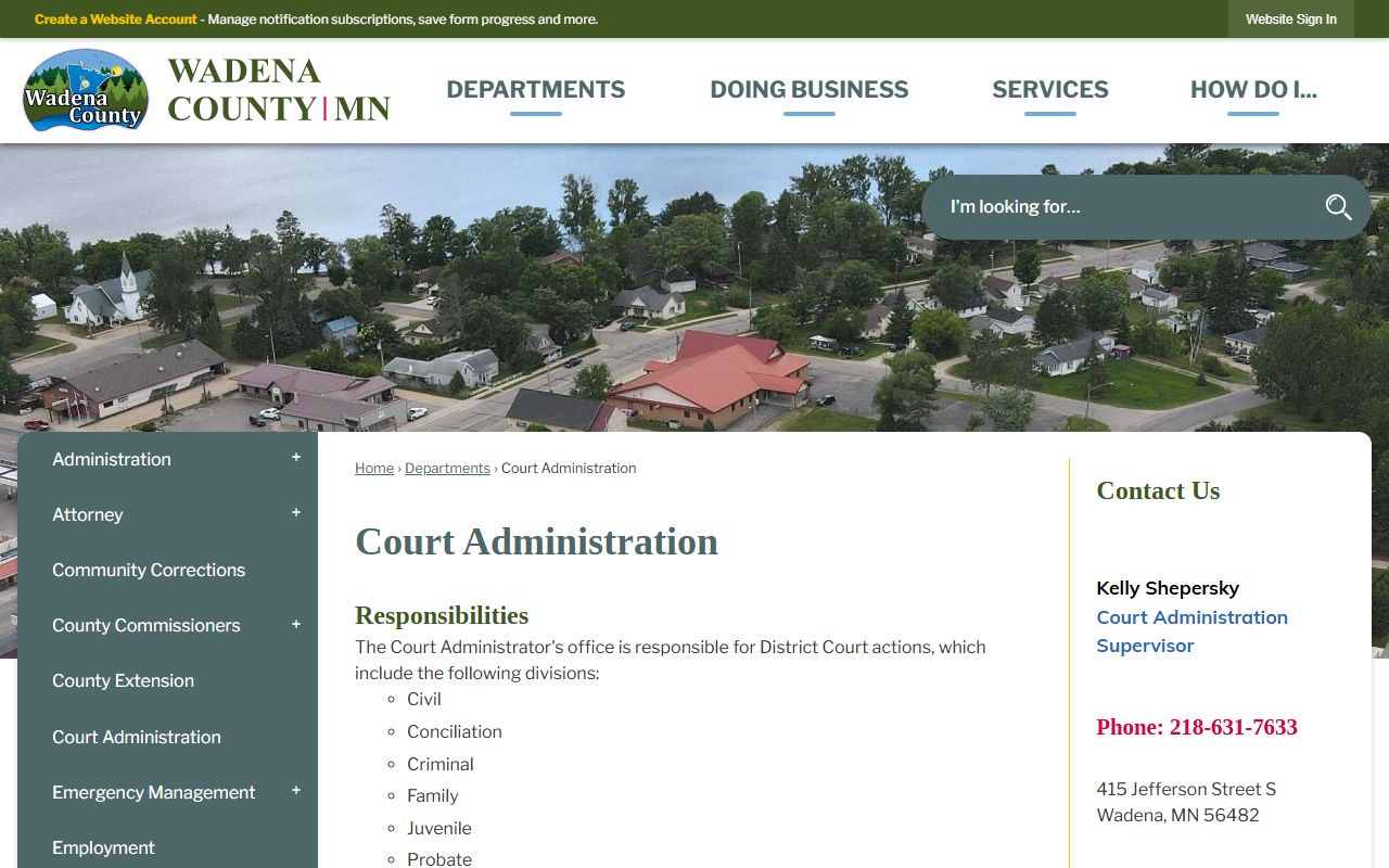 Wadena County Court Administration page for probate court records