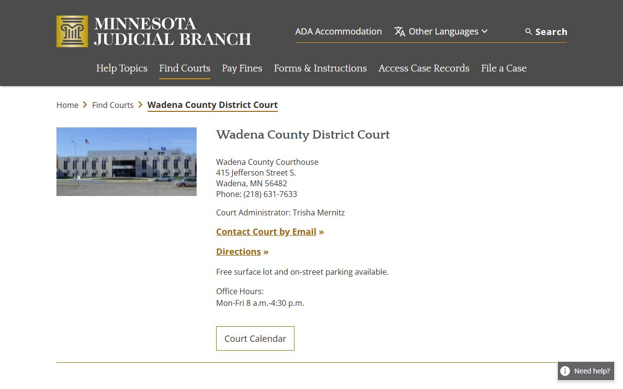 Wadena County District Court page on Minnesota Judicial Branch for probate court records