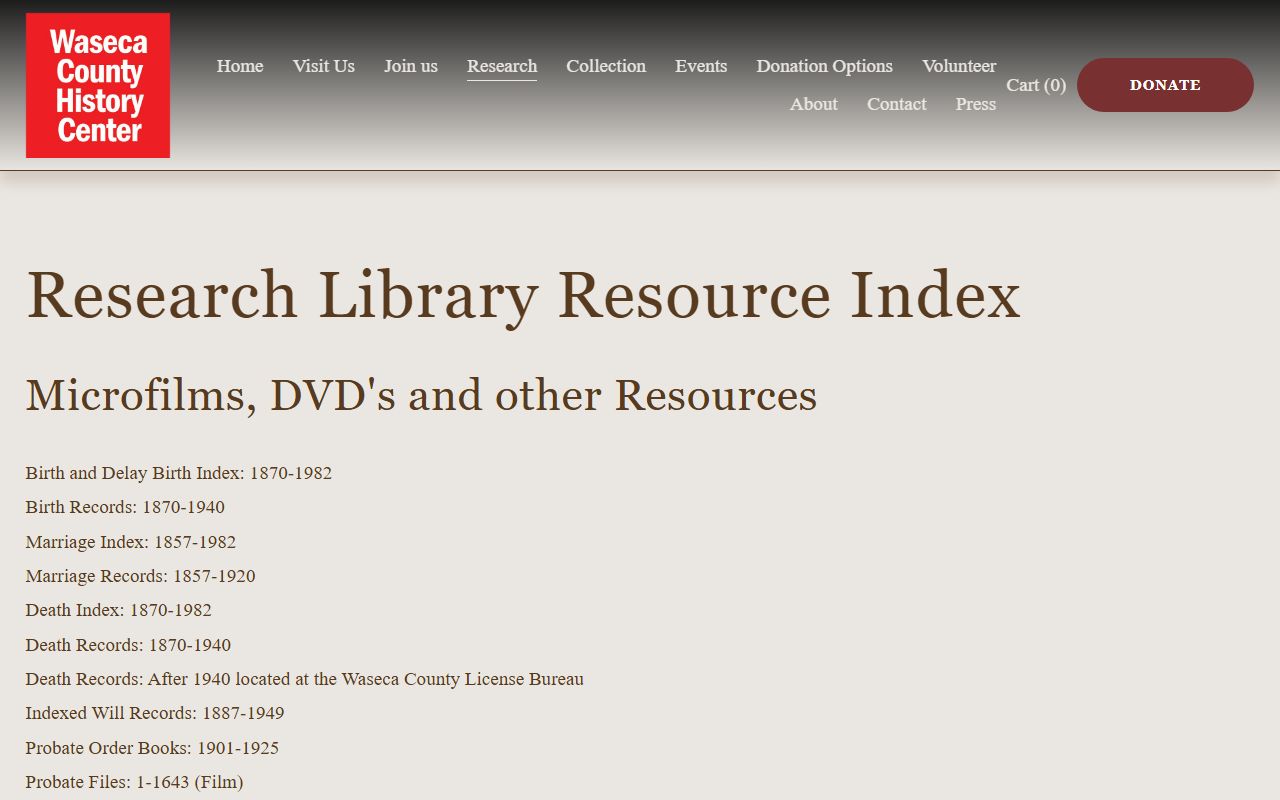 Waseca County History Center research resources for historical probate records