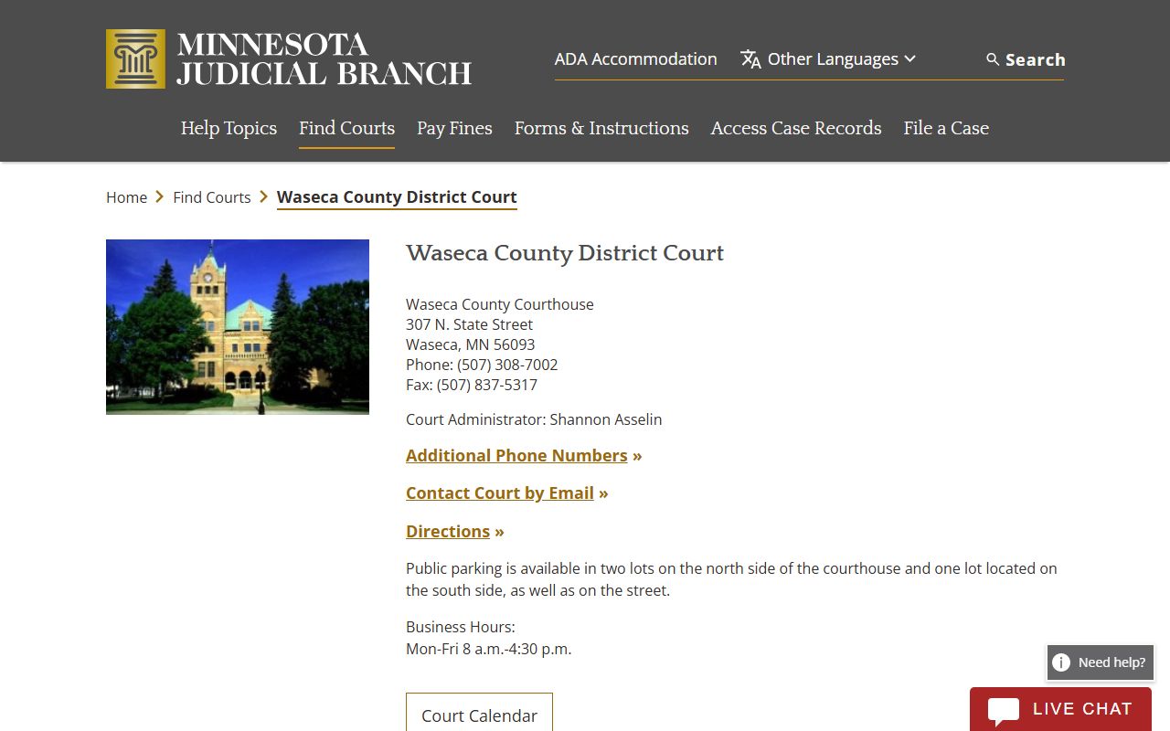 Waseca County District Court probate court records page
