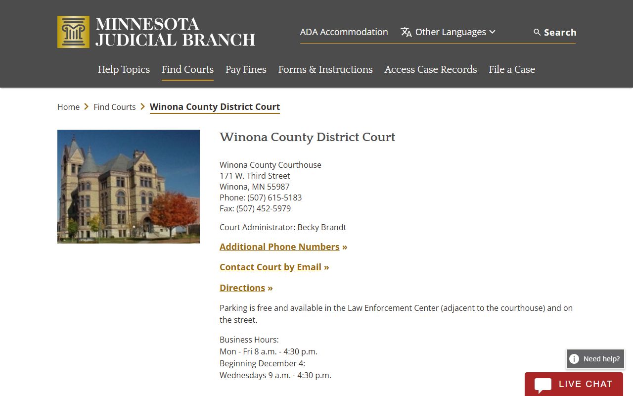 Winona County District Court probate court records page