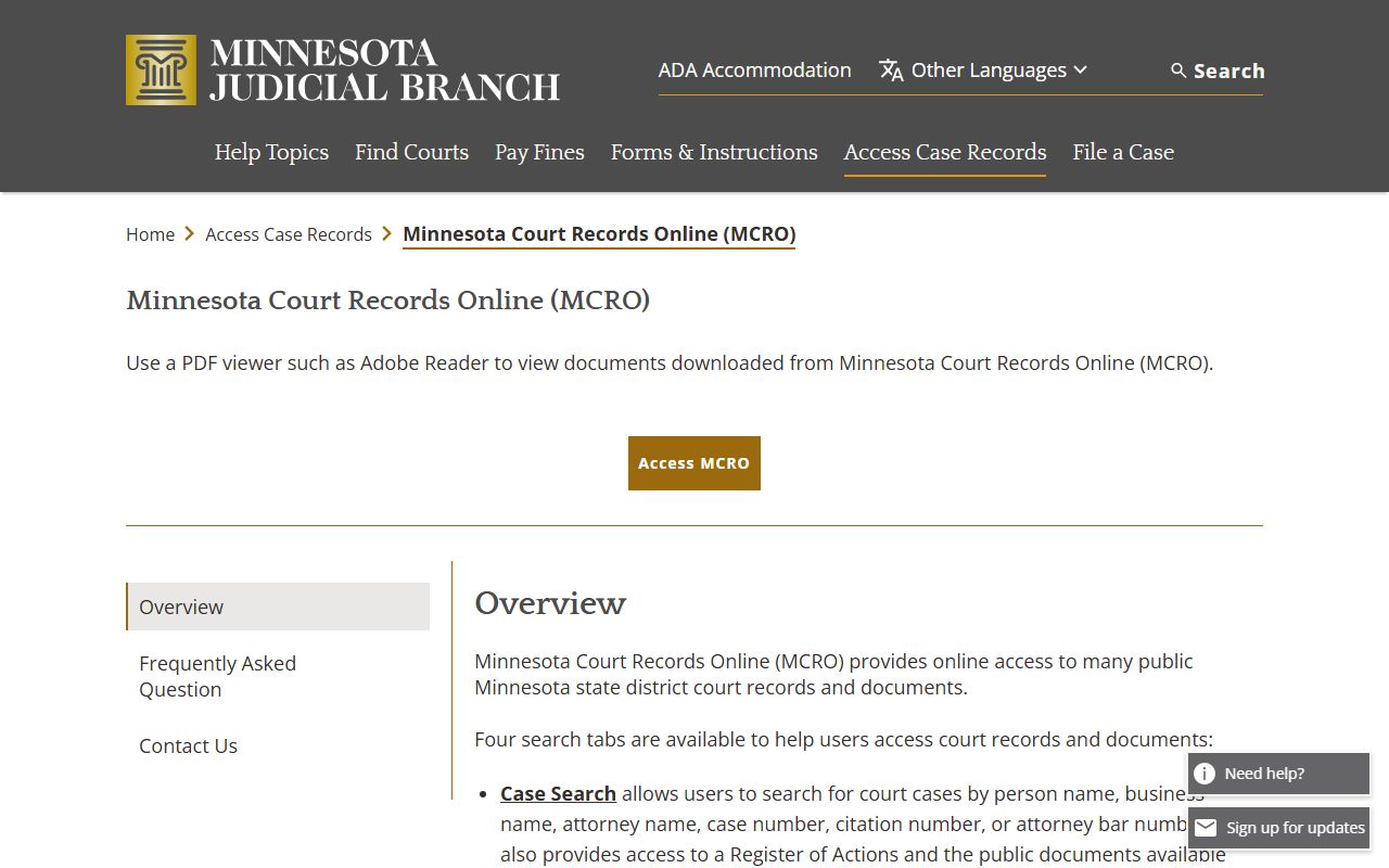 Minnesota Court Records Online MCRO portal information page for probate court records search