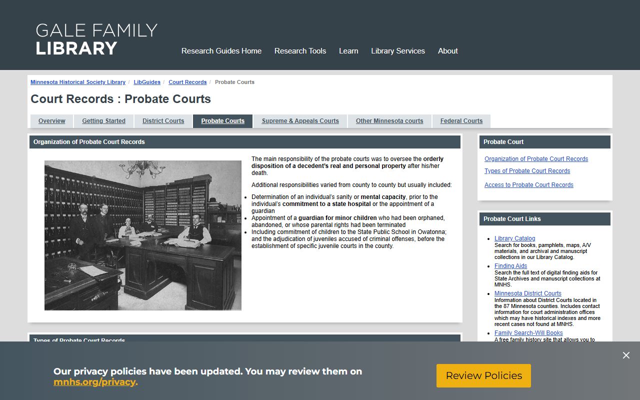 Minnesota Historical Society probate court records research guide for accessing historical estate documents