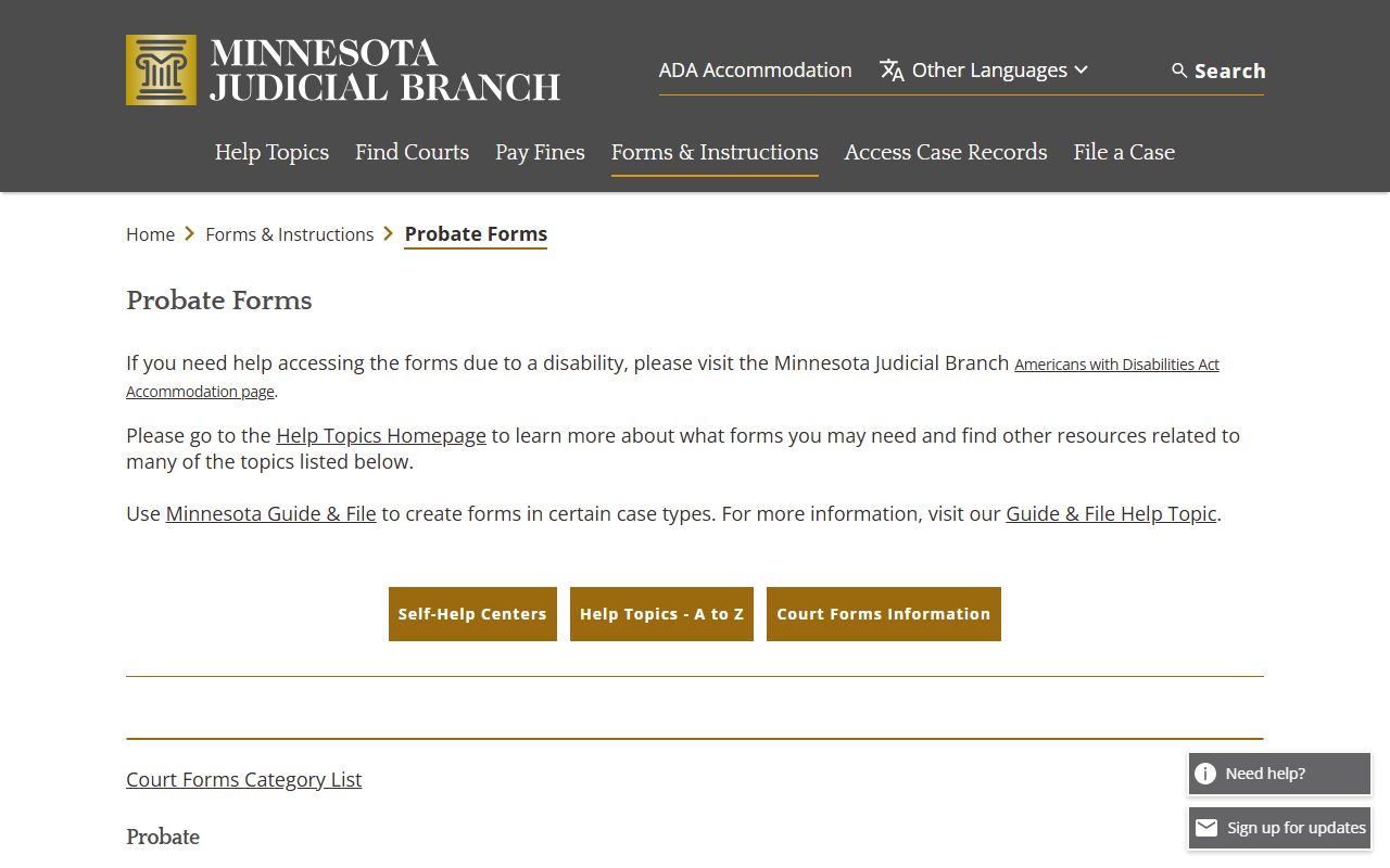 Minnesota probate court records forms directory on mncourts.gov showing all form categories