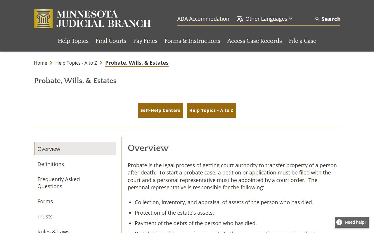 Minnesota Judicial Branch probate court records help topic overview page