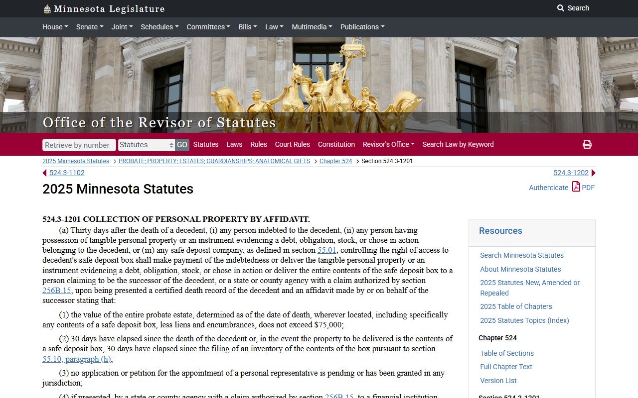 Minnesota small estate affidavit statute 524.3-1201 for avoiding probate court records case