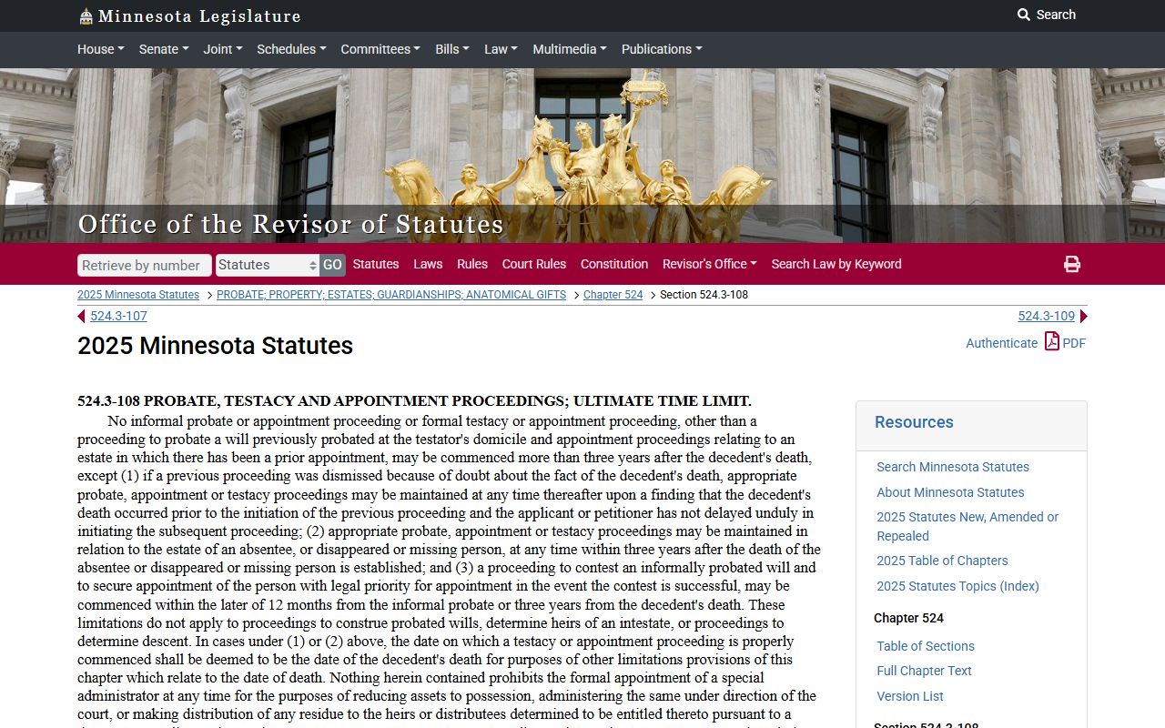 Minnesota probate court records time limits statute 524.3-108 three year rule