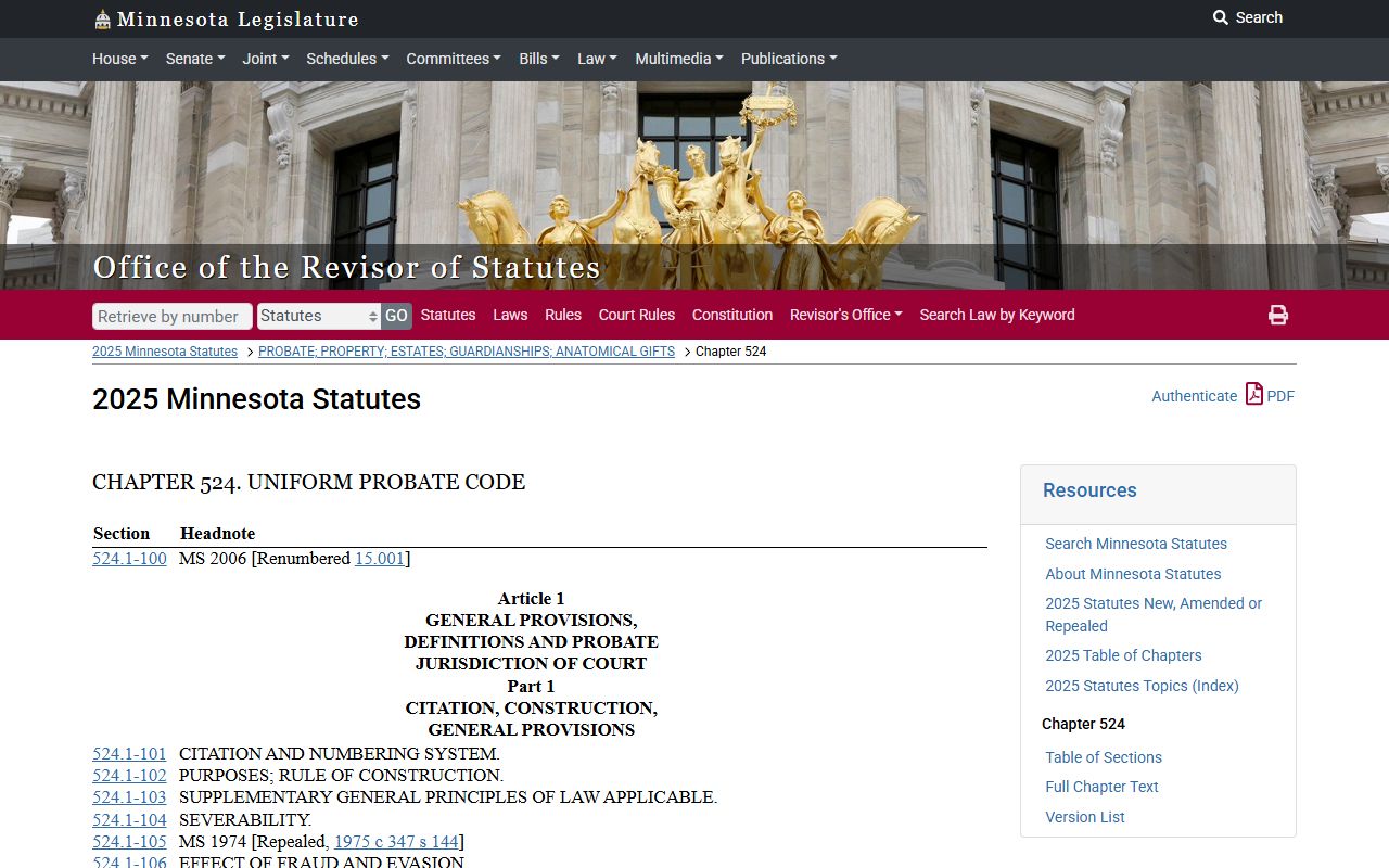 Minnesota Uniform Probate Code Chapter 524 full text for understanding probate court records laws